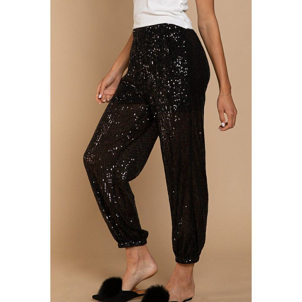 POL CLOTHING Sequin Sparkle Pants Relaxed Fit Jet Black Cute New SMP496